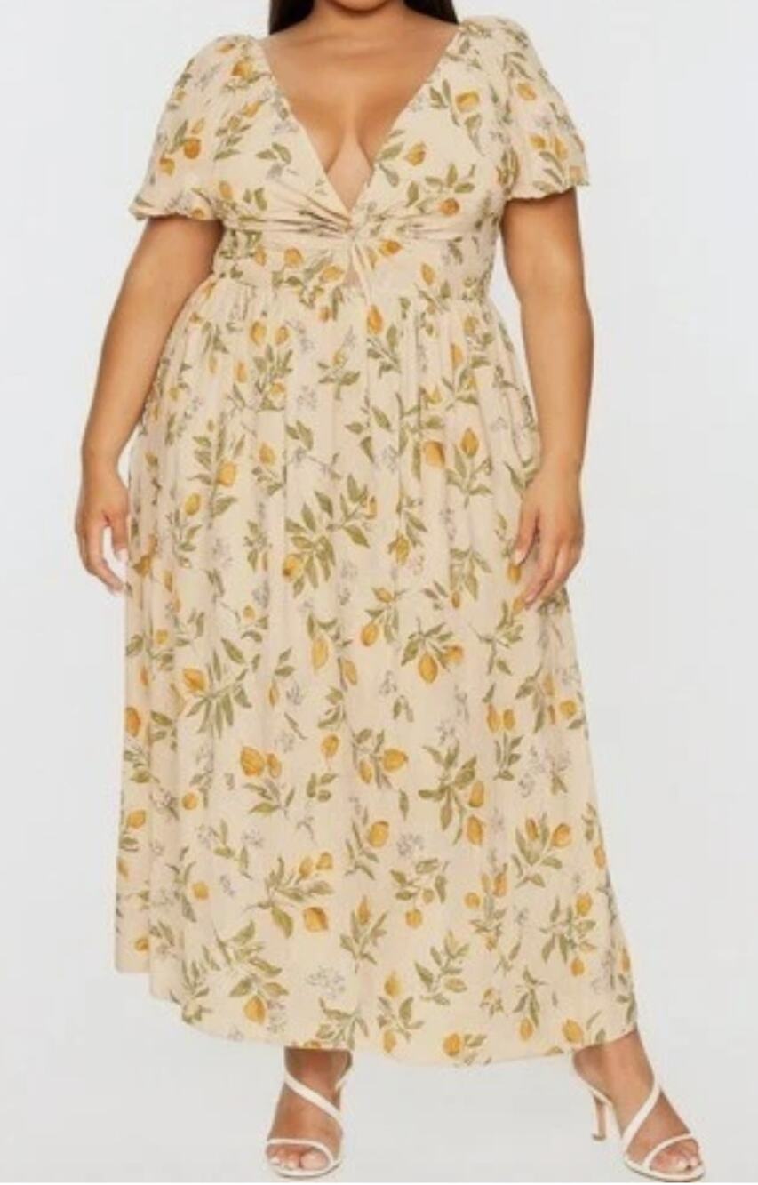 LEA Lemon Print Puff Sleeve Twist Front Smocked Maxi Dress Beige Yellow 2X